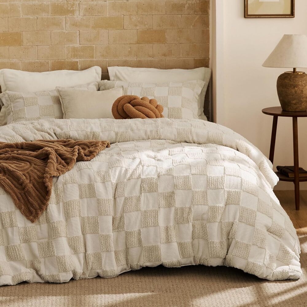 King Size Comforter Set Beige, Boho Tufted Bed Set, Checkered